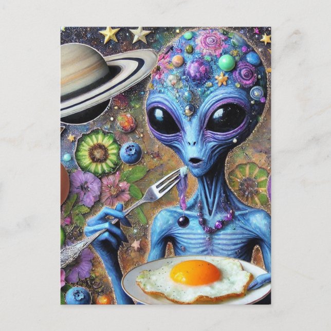Postal Alien azul funky comiendo huevos fritos (Anverso)