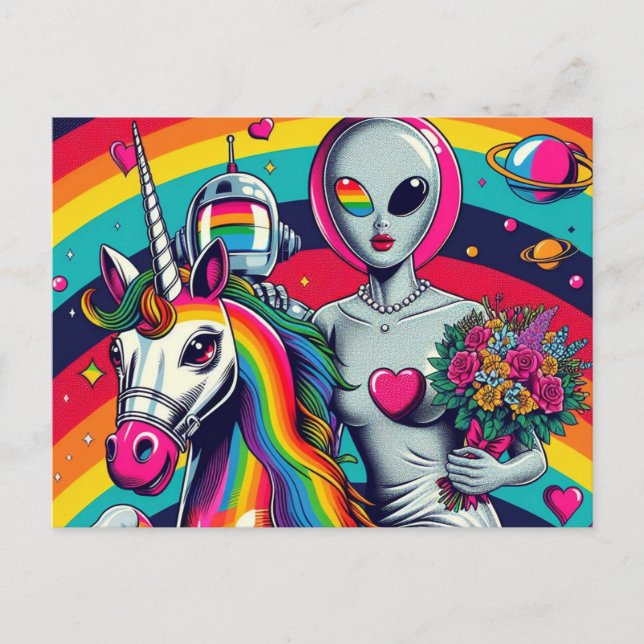 Postal Alien Bride sobre un unicornio (Anverso)