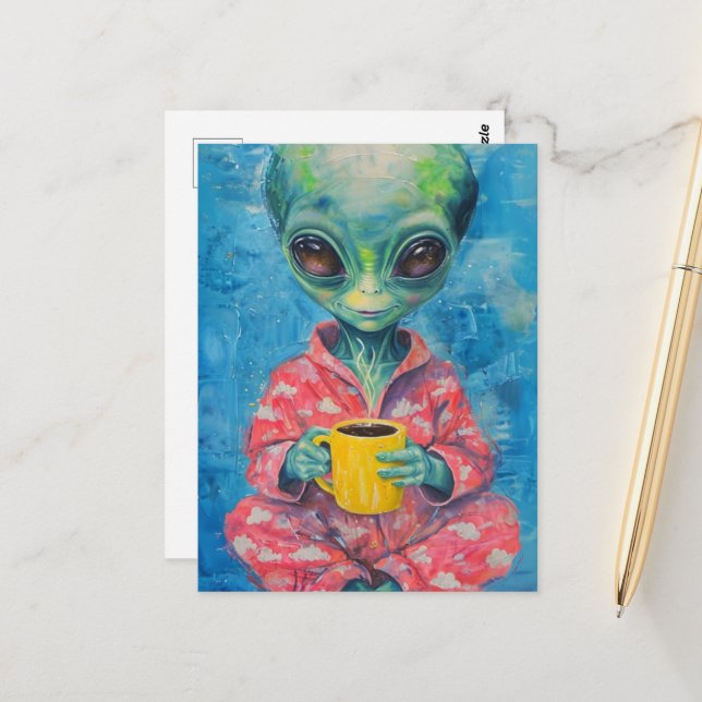 Postal Alien con una copa de café (Anverso/Reverso In Situ)