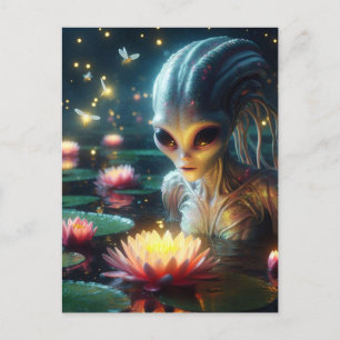 Postal Alien en un brillante estanque de verano con flore