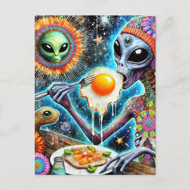 Postal Alien Funky comiendo huevos fritos (Anverso)