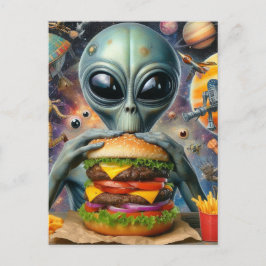 Postal Alien gracioso comiendo Cheeseburger