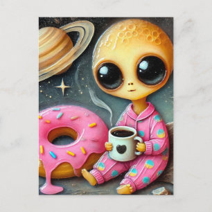 Postal Alien gracioso con café y donut en el espacio