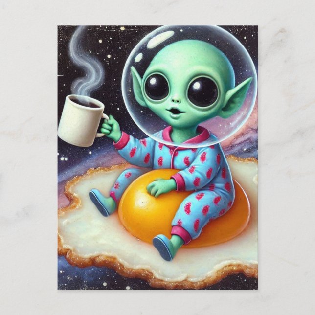 Postal Alien gracioso en un huevo frito en el espacio (Anverso)