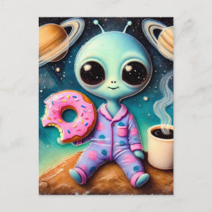Postal Alien lindo con café y donut en el espacio