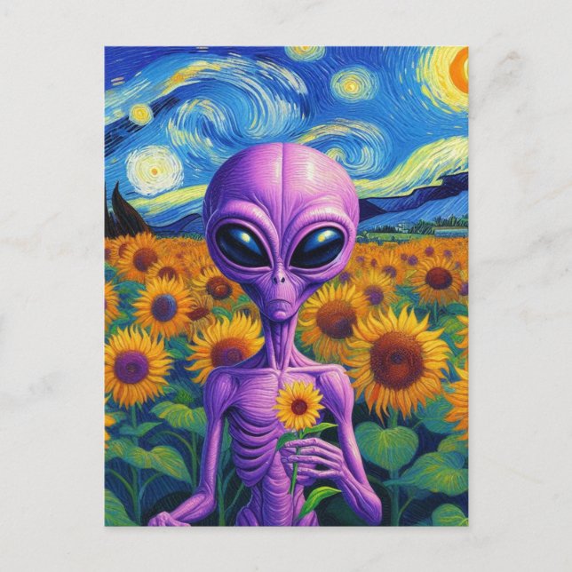 Postal Alien morado sostiene campo de girasol Van Gogh (Anverso)