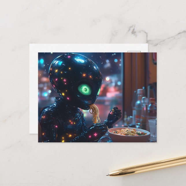 Postal Alien Robot Comiendo fideos (Anverso/Reverso In Situ)