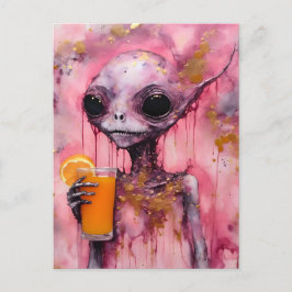 Postal Alien Rosa Con Un Jugo Naranja