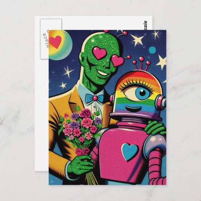 Postal Alien y Robot en Love Retro Comic (Anverso / Reverso)