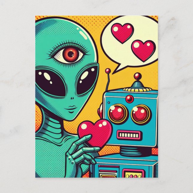 Postal Alien y Robot en Love Retro Comic (Anverso)