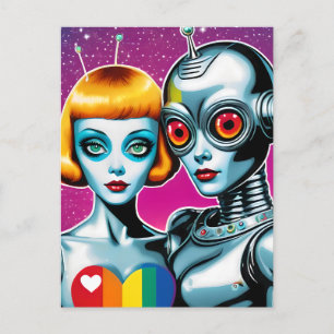 Postal Alien y un robot en el orgullo del amor