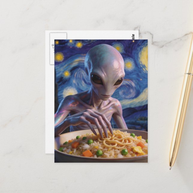 Postal Alienígena azul comiendo fideos y verduras (Anverso/Reverso In Situ)