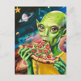 Postal Alienígena gracioso en Pizza espacial comiendo