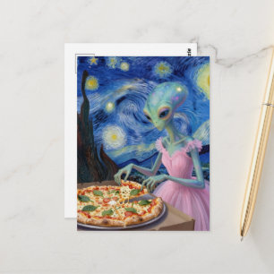 Postal Alienígena linda con vestido rosa come pizza Falso