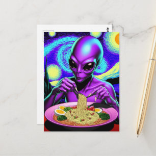 Postal Alienígena púrpura comiendo fideos con verduras y