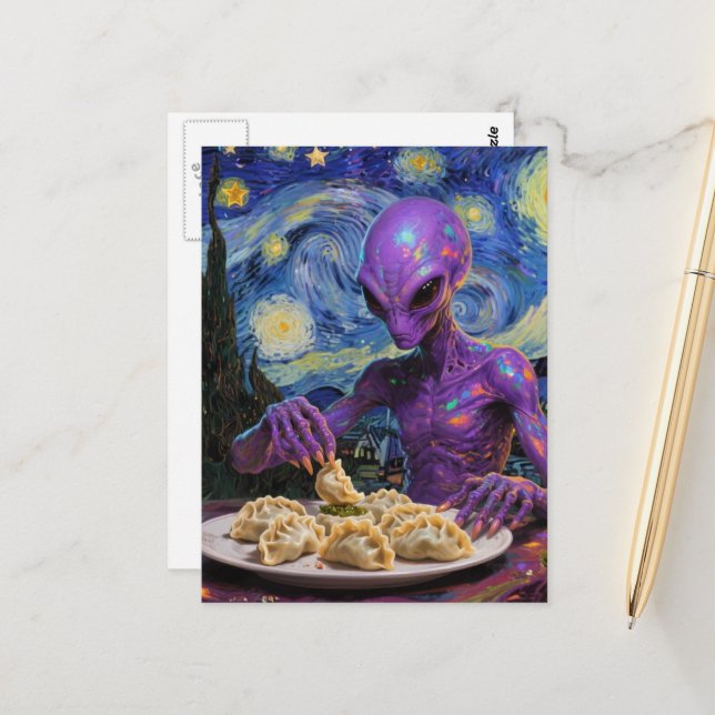 Postal Alienígena Púrpura Comiendo Perogies (Anverso/Reverso In Situ)
