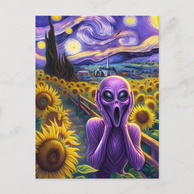 Postal Alienígena Púrpura Gritando girasoles Faux Van Gog (Anverso)