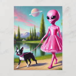 Postal Alienígena Rosa Camina Su Terrier Boston