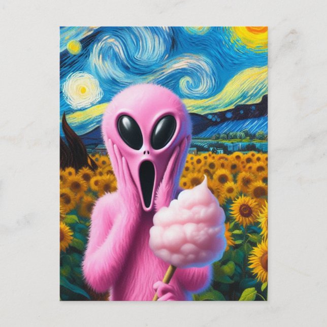 Postal Alienígena rosa chillón con girasoles de algodón (Anverso)