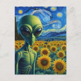 Postal Alienígena verde en un falso campo de girasol Van