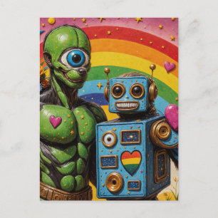 Postal Alienígena verde tuerto raro y robot enamorados