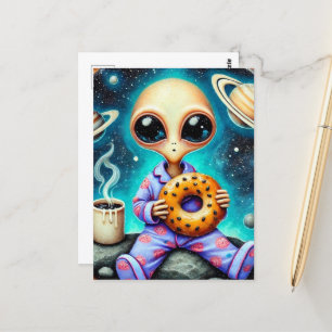 Postal Alienígenas en PJs con un café y Bagel