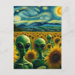 Postal Alienígenas verdes en un campo de girasol Van Gogh