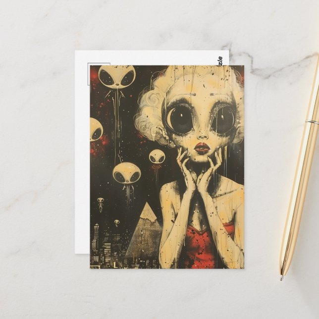 Postal Alienígenas y mujeres en traje rojo (Anverso/Reverso In Situ)