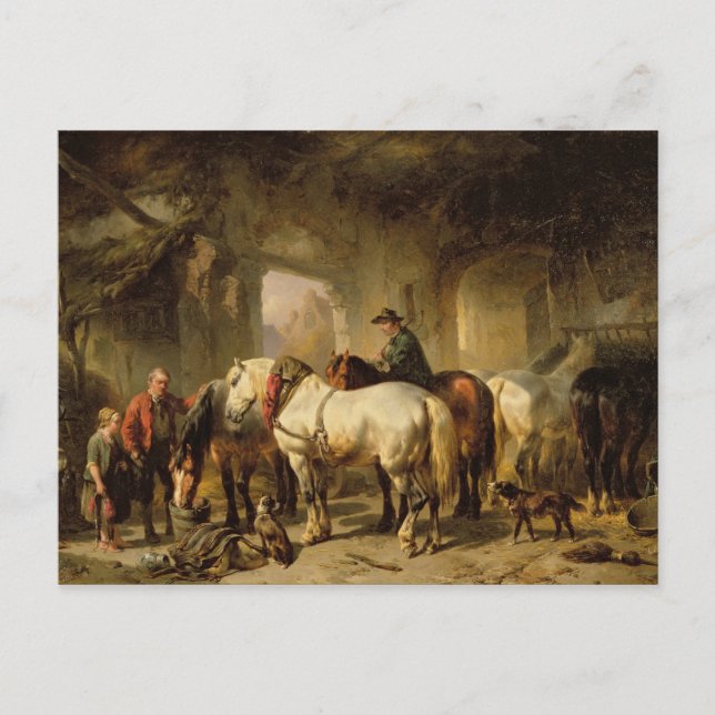 Postal Alimentación de caballos en la estable (Anverso)