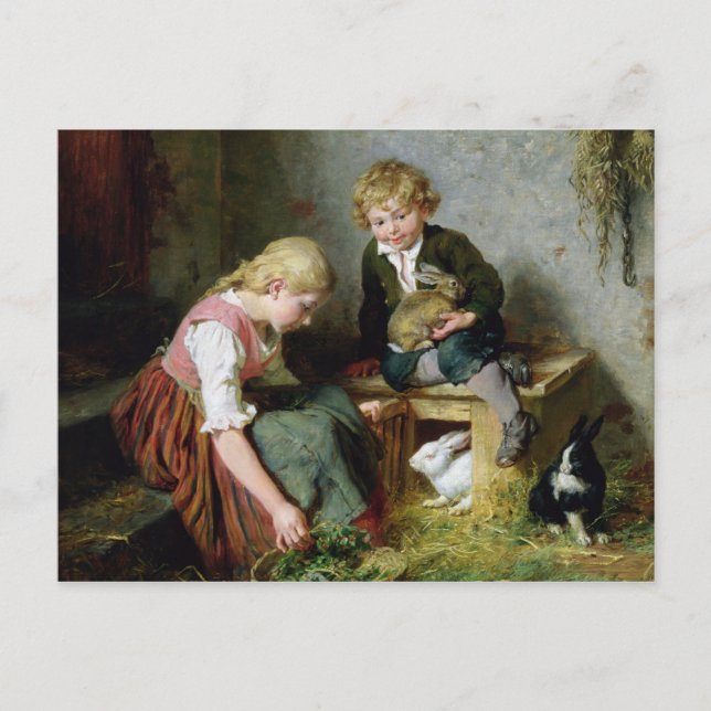 Postal Alimentando a los conejos (Anverso)