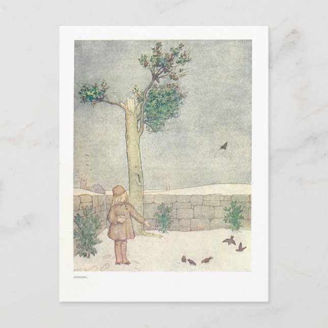 Postal Alimentando a los pájaros en enero Ilustración vin (Anverso)