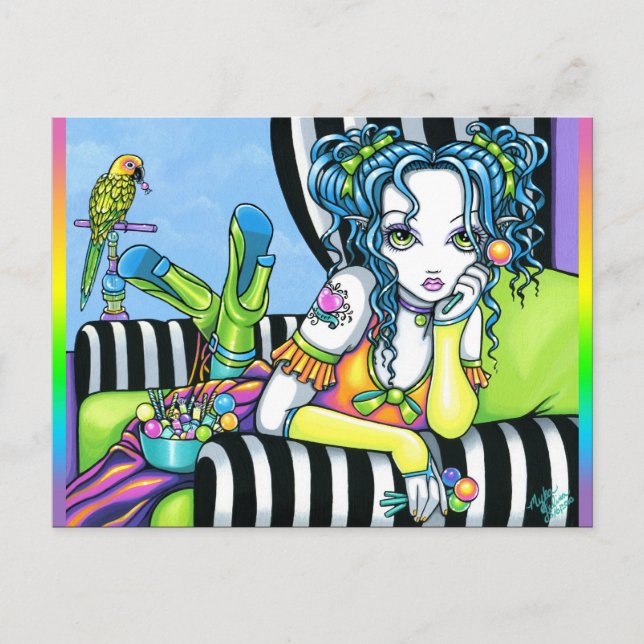 Postal "Alisha" Candy Rainbow Parrot Fae Art Postcard (Anverso)