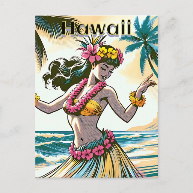 Postal Aloha | Bailarina hawaiana hula en la playa (Anverso)