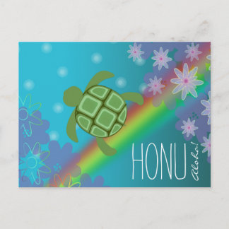 Postal Aloha Honu Hermosa tortuga marina arco iris y flor