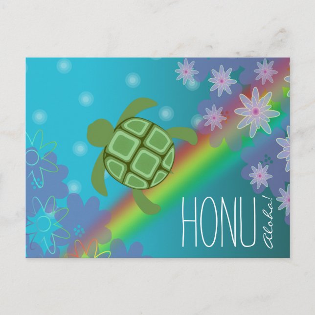Postal Aloha Honu Hermosa tortuga marina arco iris y flor (Anverso)