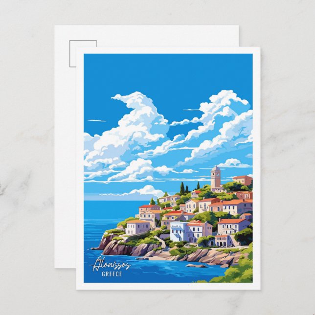Postal Alonissos Grecia Ilustracion de Viajes de Arte Vin (Anverso / Reverso)