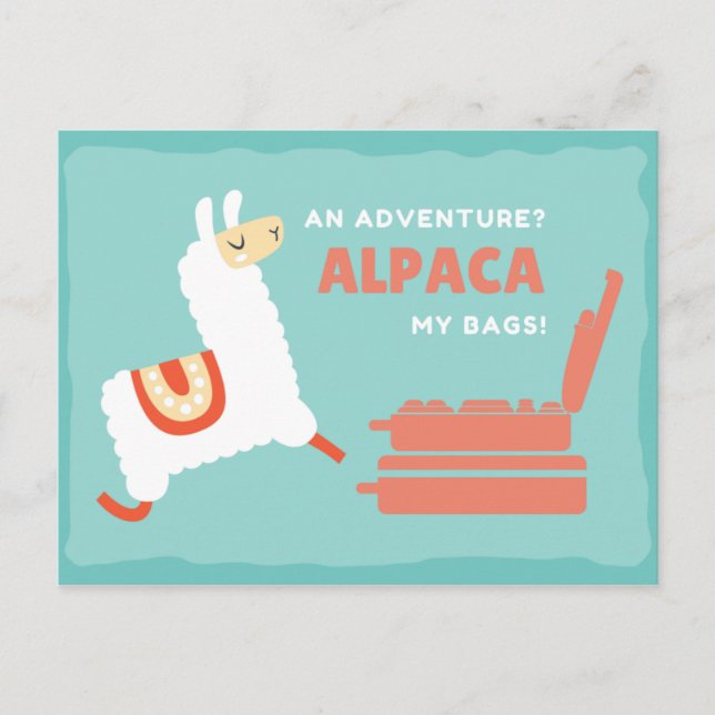 Postal Alpaca Blanca Divertida de Viaje (Anverso)