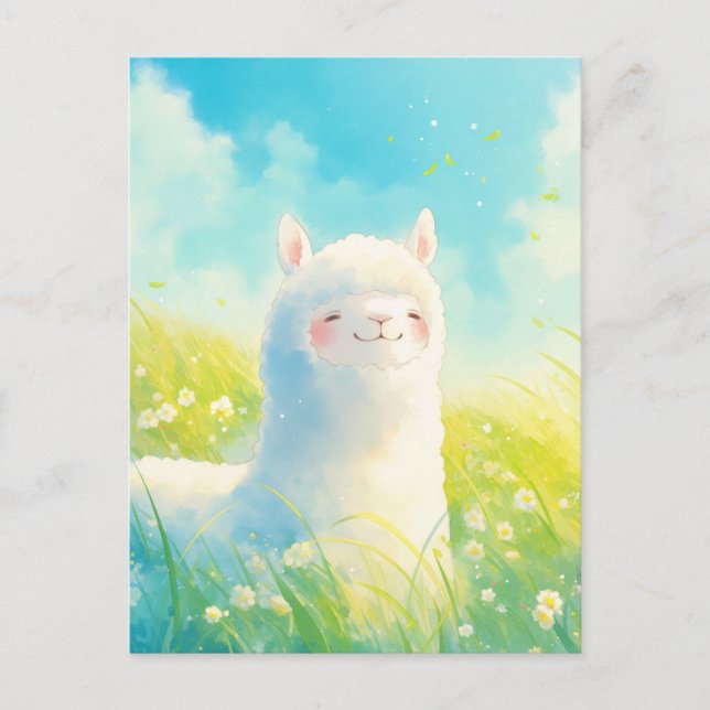 Postal Alpaca Blanca en Pradera Soleada de Flores Silvest (Anverso)