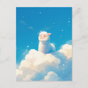 Postal Alpaca Blanca Sentada en Nube Hinchada Cielo Azul