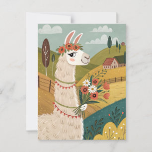 Postal Alpaca con flores arte popular