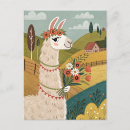 Postal Alpaca con flores arte popular