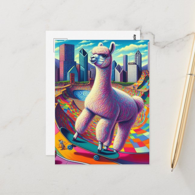 Postal Alpaca en Skateboard (Anverso/Reverso In Situ)