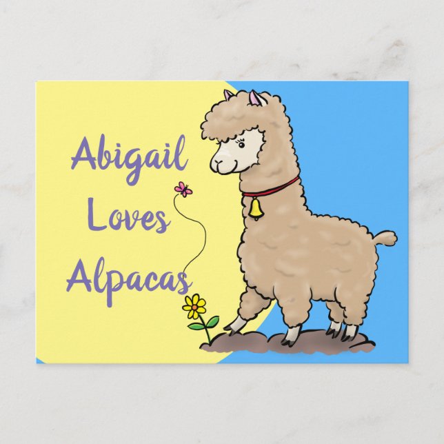 Postal Alpaca marrón con personalizado de mariposa (Anverso)