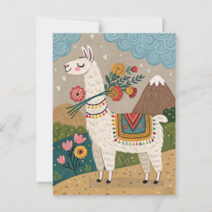 Postal Alpaca peruana con flores arte popular