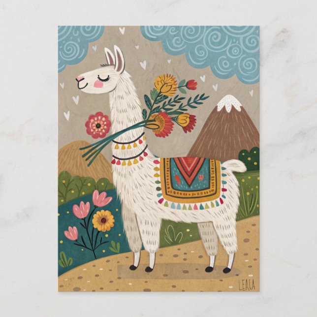 Postal Alpaca peruana con flores arte popular (Anverso)