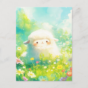 Postal Alpaca Redonda Blanca en Prado de Flores Silvestre