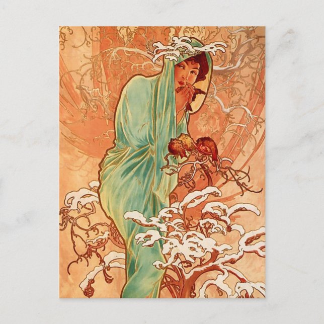 Postal Alphons Mucha - Las cuatro estaciones - Invierno (Anverso)