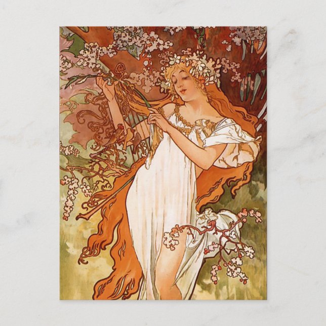 Postal Alphons Mucha - Las cuatro estaciones - Primavera (Anverso)