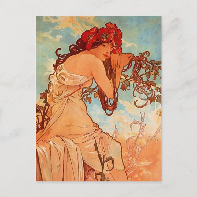Postal Alphons Mucha - Las cuatro estaciones - VERANO (Anverso)