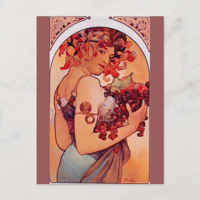 Postal Alphonse Mucha, Art Nouveau, cosecha, fruta, repro (Anverso)